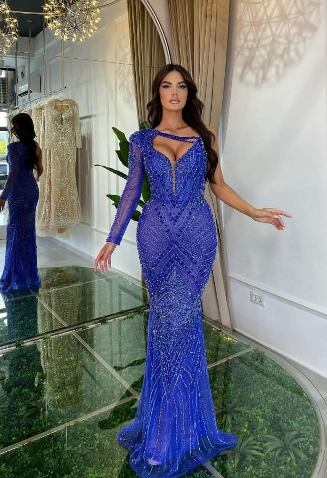 Luxurious Blue One-Sleeve Mermaid Prom Dress with Beads BM bride