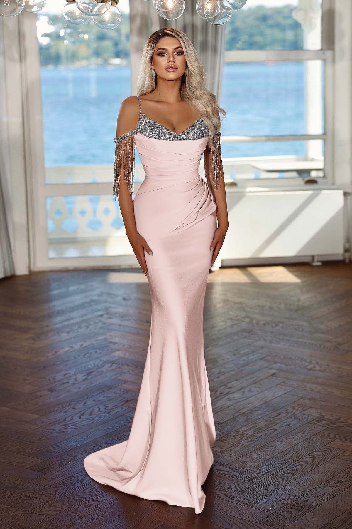 Spaghetti Strap Sleeveless Long Mermaid Prom Dress With Sequins