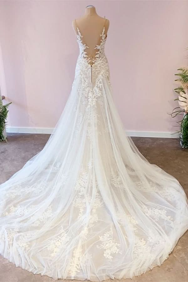 Stunning Spaghetti-Straps A-Line Wedding Dress With Sweetheart Neckline Appliques Lace BM bride