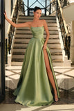 Olive Green Off-The-Shoulder Sleeveless Prom Dress with Pleated Split BM bride