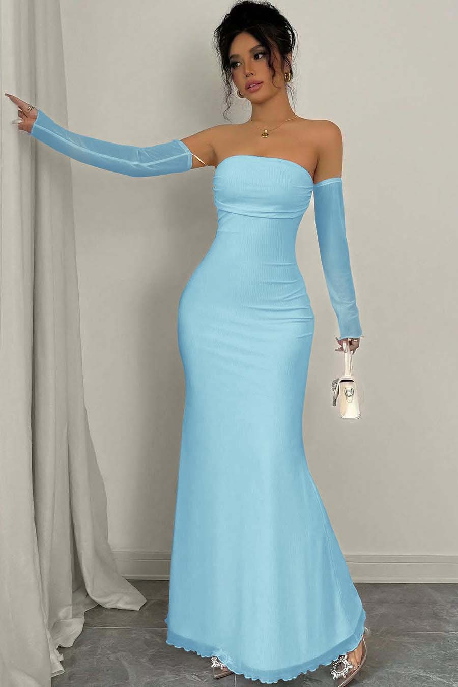 Strapless Long Mermaid Prom Dress With Detachable Sleeves Pleated BMBRIDE