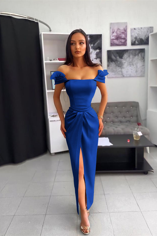 Off the Shoulder Split Ankle Long Prom Dress With Chic Wrinkle BMBRIDE
