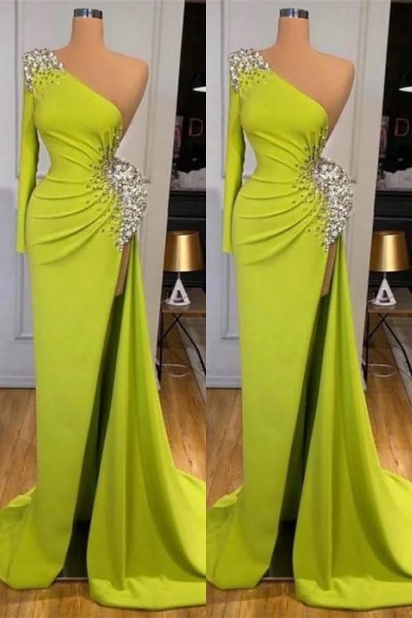 Yellow Green Long Sleeves Mermaid Prom Dress with Split and Beads BM bride