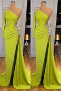 Yellow Green Long Sleeves Mermaid Prom Dress with Split and Beads BM bride
