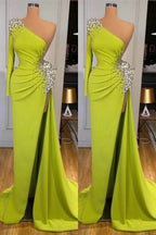 Yellow Green Long Sleeves Mermaid Prom Dress with Split and Beads BM bride