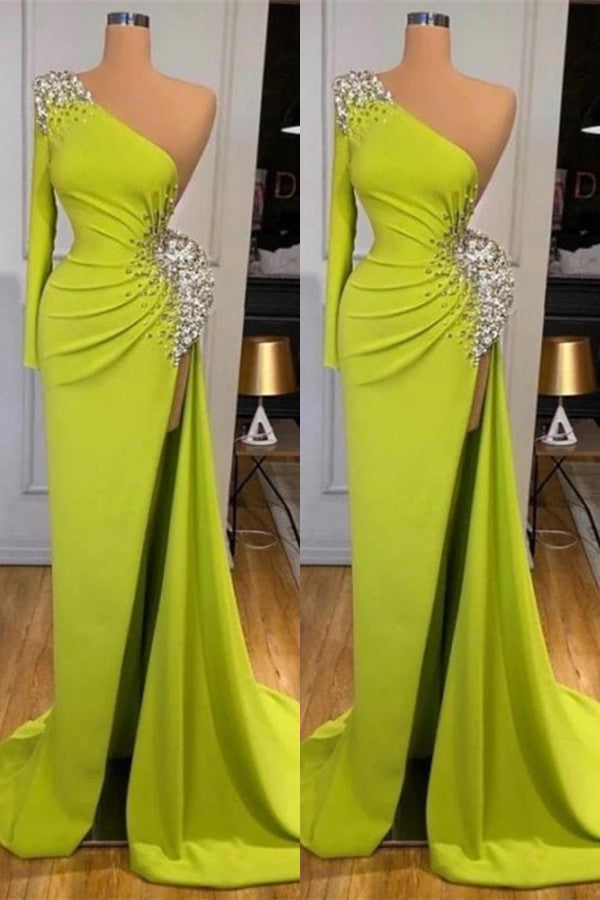 Yellow Green Long Sleeves Mermaid Prom Dress with Split and Beads BM bride