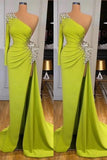 Yellow Green Long Sleeves Mermaid Prom Dress with Split and Beads BM bride