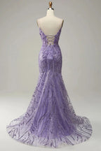 Glamorous Purple Applique Spaghetti Strap Mermaid Prom Dress BM bride