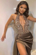 Halter V Neck Mermaid Sequins Prom Dress Sleeveless With Split Online
