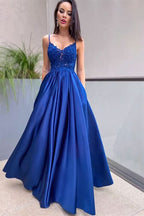 Royal Blue Lace Appliques Prom Dress with Pockets BM bride