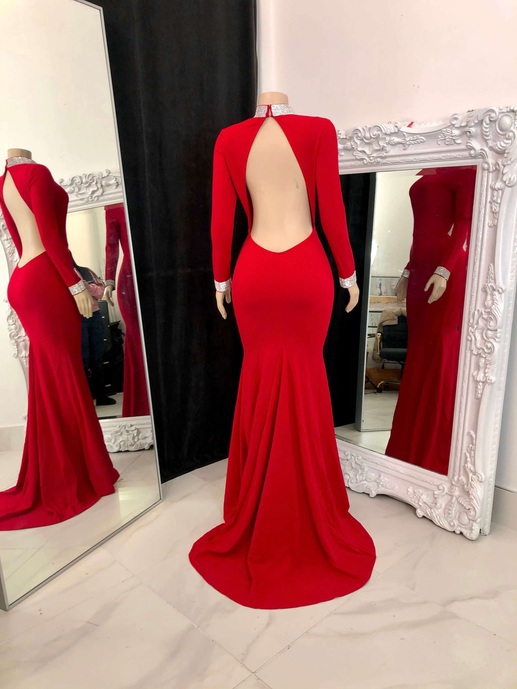 Simple Red Long Sleeve Open-Back Mermaid Prom Dress BM bride