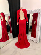 Simple Red Long Sleeve Open-Back Mermaid Prom Dress BM bride