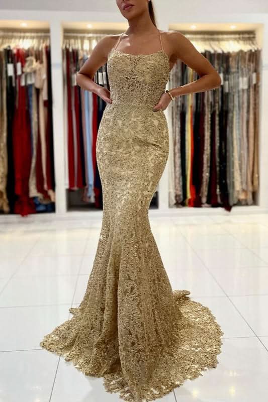 Gold Appliques Mermaid Long Evening Dress BM bride