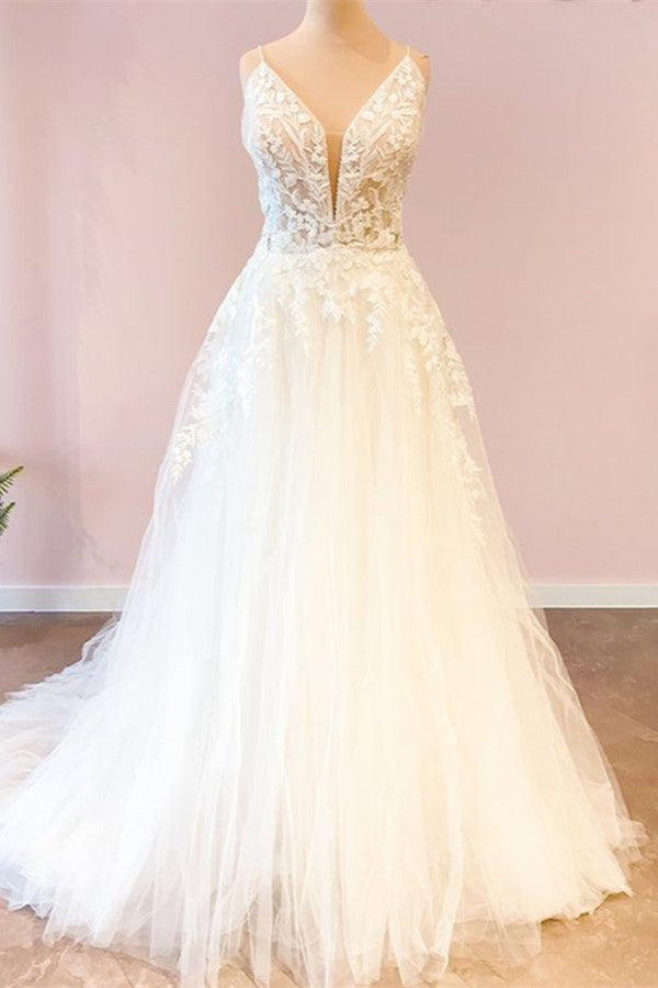 Sweetheart Spaghetti Strap Floor-Length Wedding Dress with A-Line Tulle BM bride