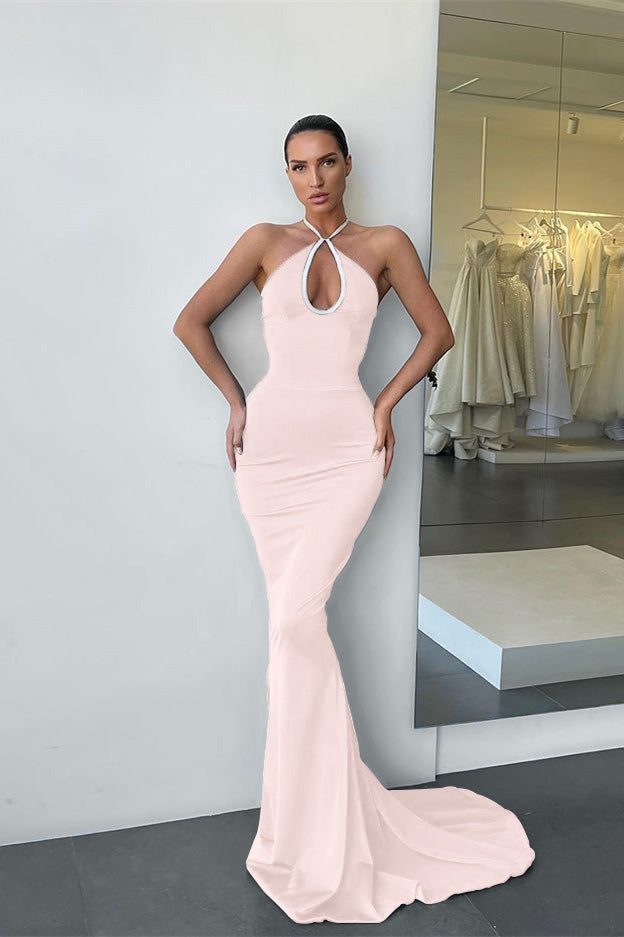 Dark Blue Sleeveless Halter Long Mermaid Prom Dress BM bride