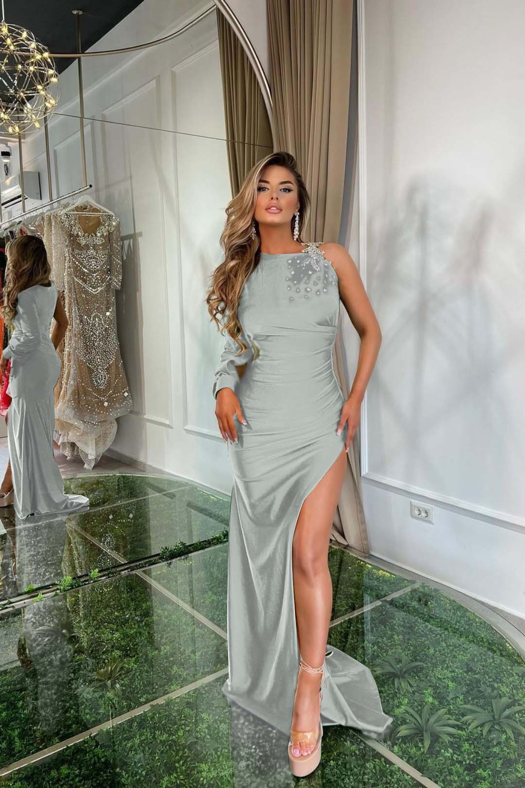 Green Satin With Split Prom Dress One Shoulder One Long Sleeve BMBRIDE