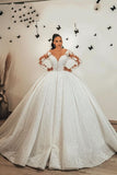 Ball Gown Sweetheart Long Sleeve Wedding Dress with Ruffles, Lace Appliques, and Sequins BM bride