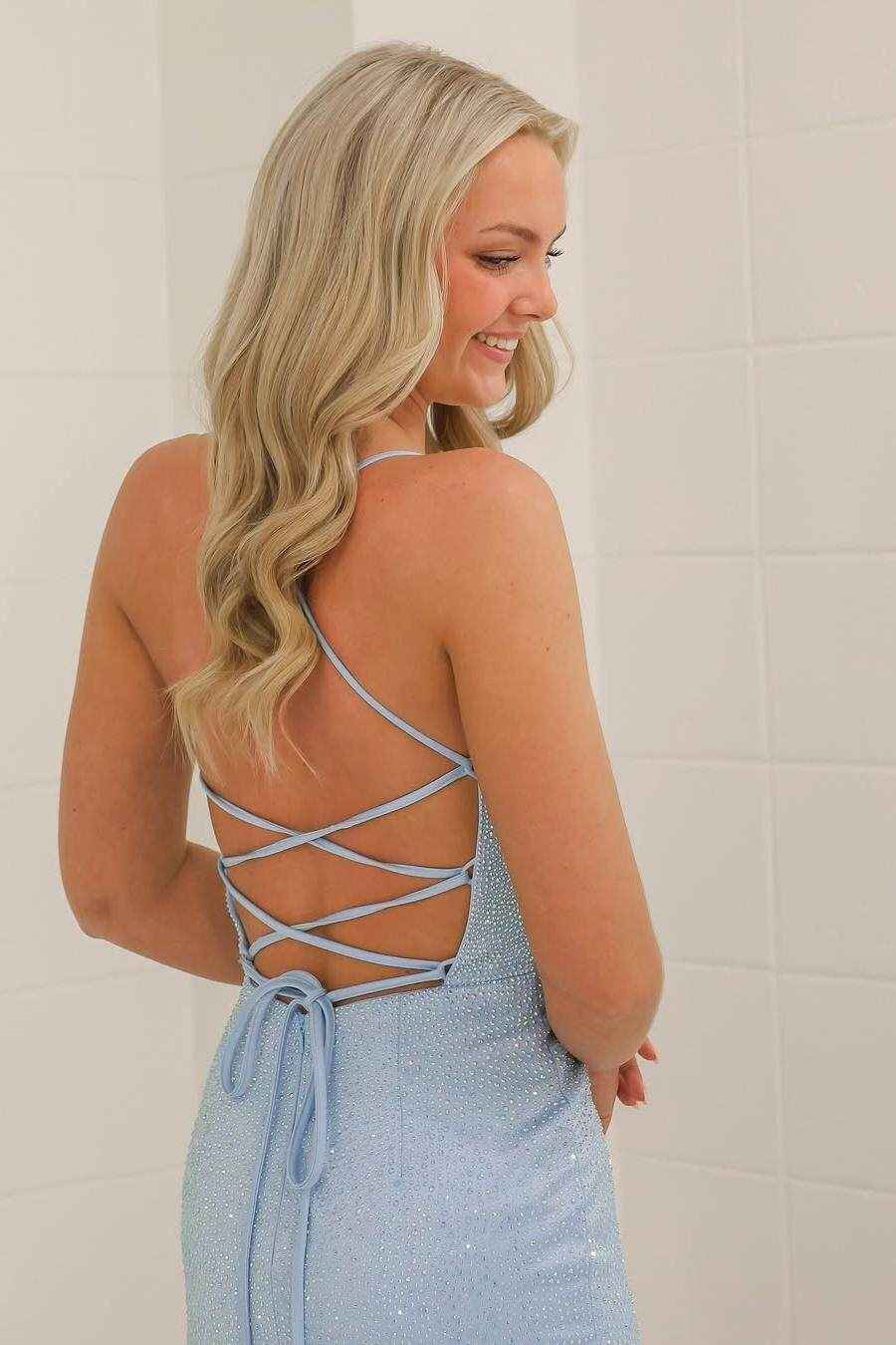 Spaghetti Strap Sleeveless Long Split Prom Dress With Beading Ruffle