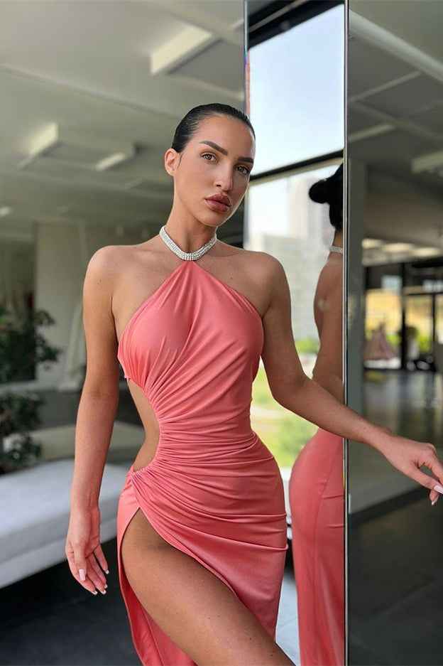 Halter Sleeveless Pink Mermaid Pleated Prom Dress Long With Split Online