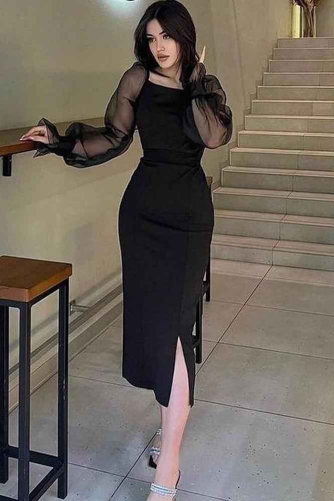 Charming Black Square Neck Long Sleeves Side Split Prom Dress With Beadings