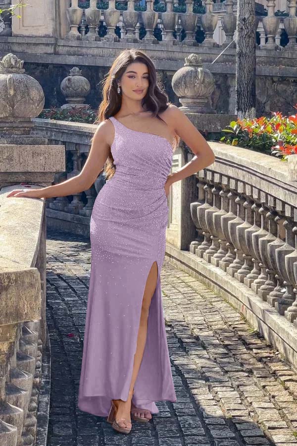 One Shoulder Sleeveless Long Mermaid Prom Dress With Split Beading