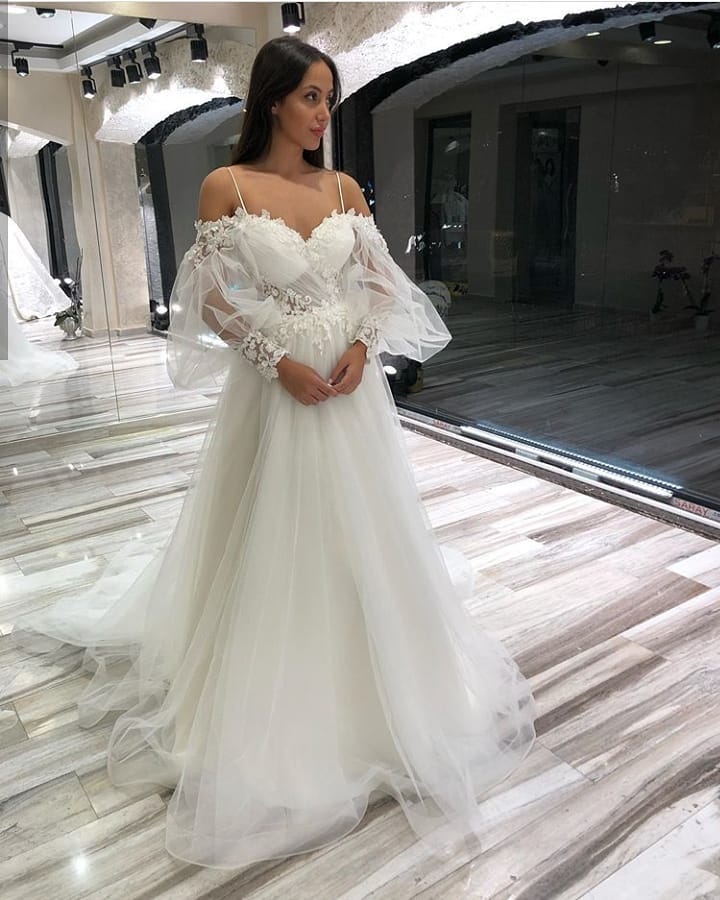 A-Line Off-the-Shoulder Long Sleeve Spaghetti Strap Wedding Dress with Lace Appliques and Tulle BM bride