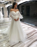 A-Line Off-the-Shoulder Long Sleeve Spaghetti Strap Wedding Dress with Lace Appliques and Tulle BM bride