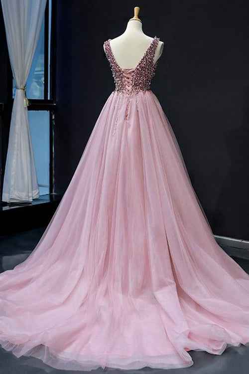 Pink V Neck Mermaid Sleeveless Prom Dress With Beading On Sale