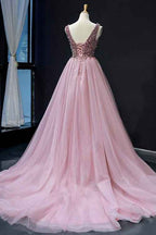Pink V Neck Mermaid Sleeveless Prom Dress With Beading On Sale