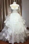 A-Line V-neck Hi-Lo Wedding Dress Open Back Ruffles Tulle With Appliques Lace BM bride