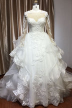 A-Line V-neck Hi-Lo Wedding Dress Open Back Ruffles Tulle With Appliques Lace BM bride