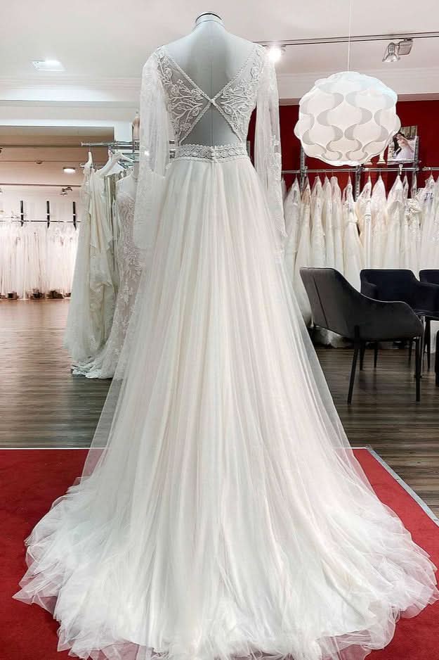 Long A-Line Sweetheart Wedding Dress with Sleeves, Appliques, Tulle, and Beadings BM bride