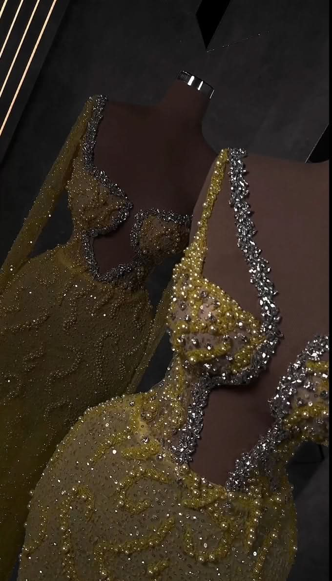 Gold Sequins Mermaid Prom Dress Cut Out V-Neck Long Beading Dress BM bride
