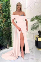 Royal Blue Off-the-Shoulder Mermaid Prom Dress with Ruffles and Split BM bride