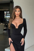 Sexy Long Sleeves Mermaid High Waist Long Prom Dress Black Online With Split