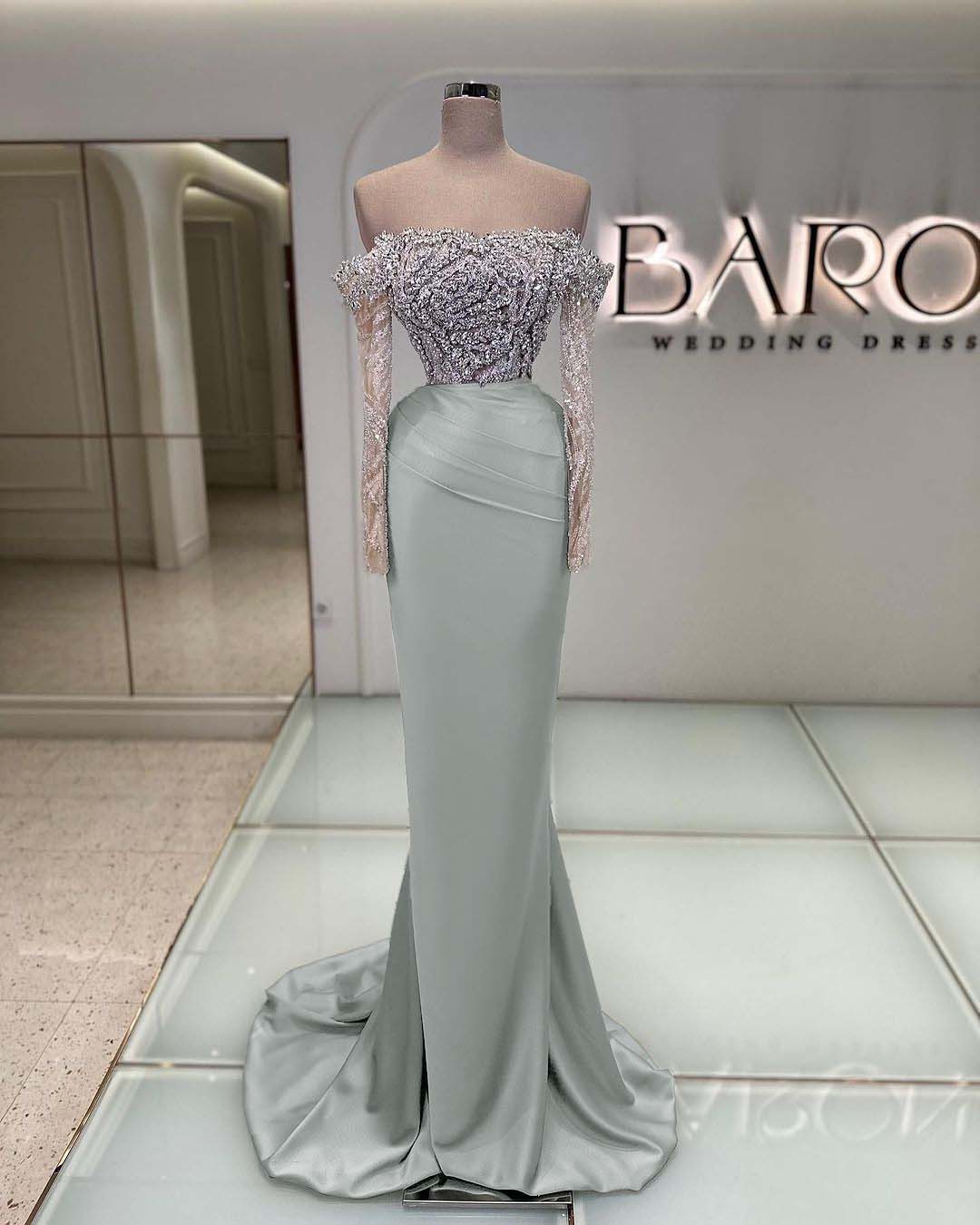 Off the Shoulder Long Sleeves Long Mermaid Prom Dress With Beading BMBRIDE