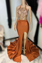 Brown Sleeveless Halter Long Prom Dress with Appliques and High Slit BM bride