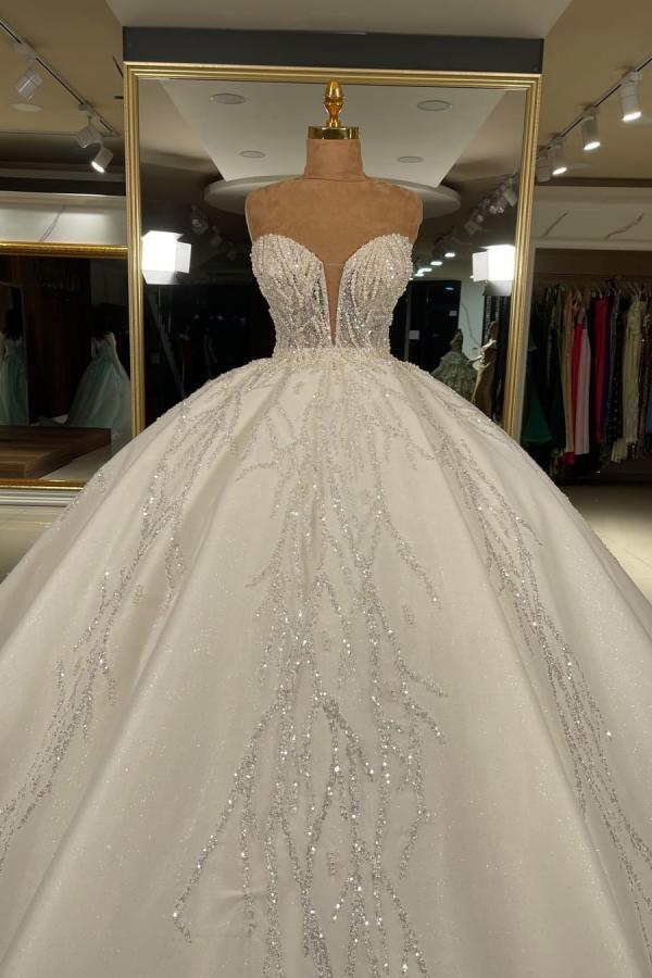 Luxury Long Ball Gown Glitter Wedding Dress with Sweetheart Neckline BM bride