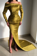 Off the Shoulder Long Sleeves Mermaid Prom Dress Court With Split BMBRIDE