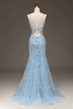 Spaghetti Strap Sleeveless Mermaid Appliques Long Prom Dress With Front Split