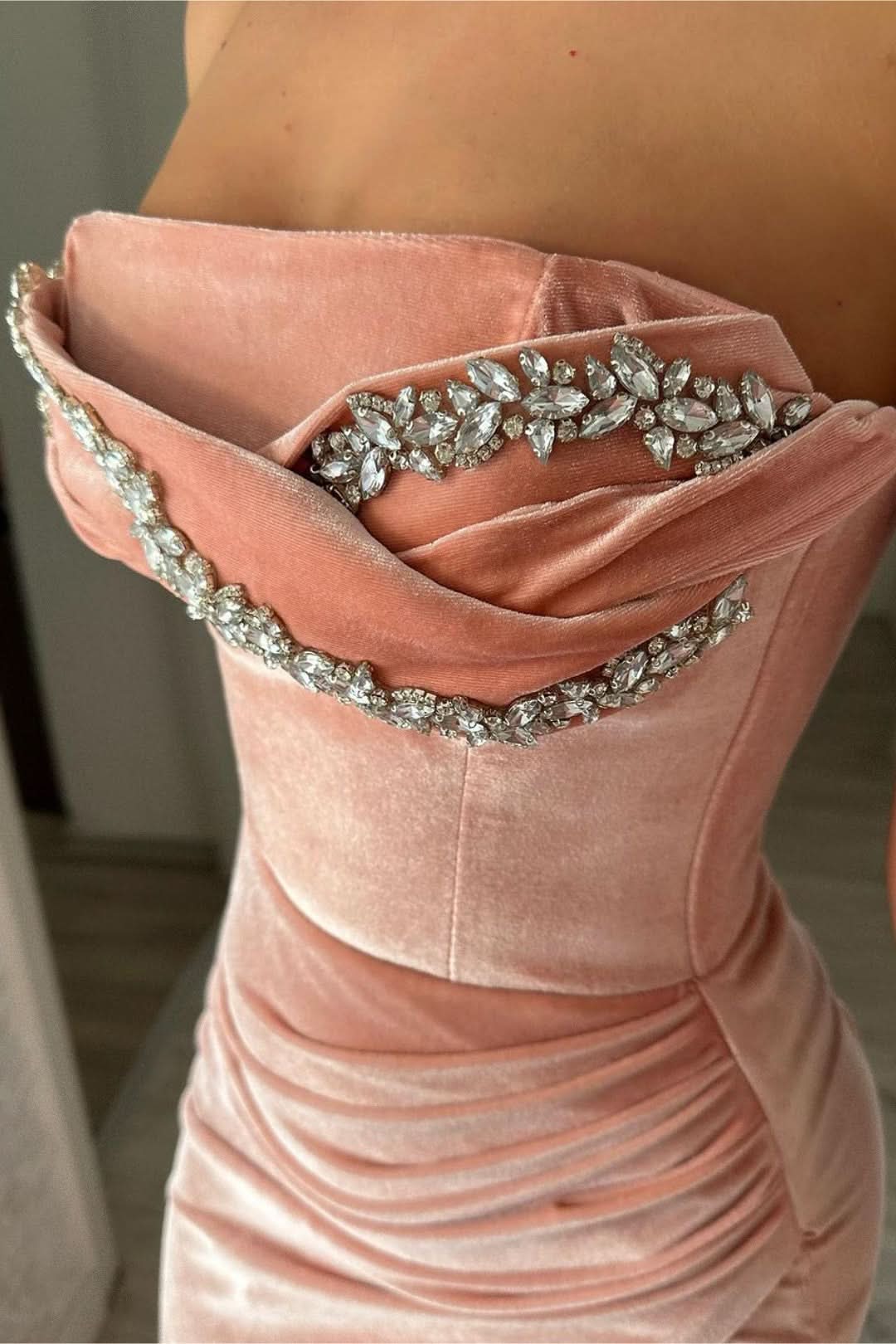 Pink Velvet Strapless Sleeveless Prom Dress with Beadings and Slit BM bride