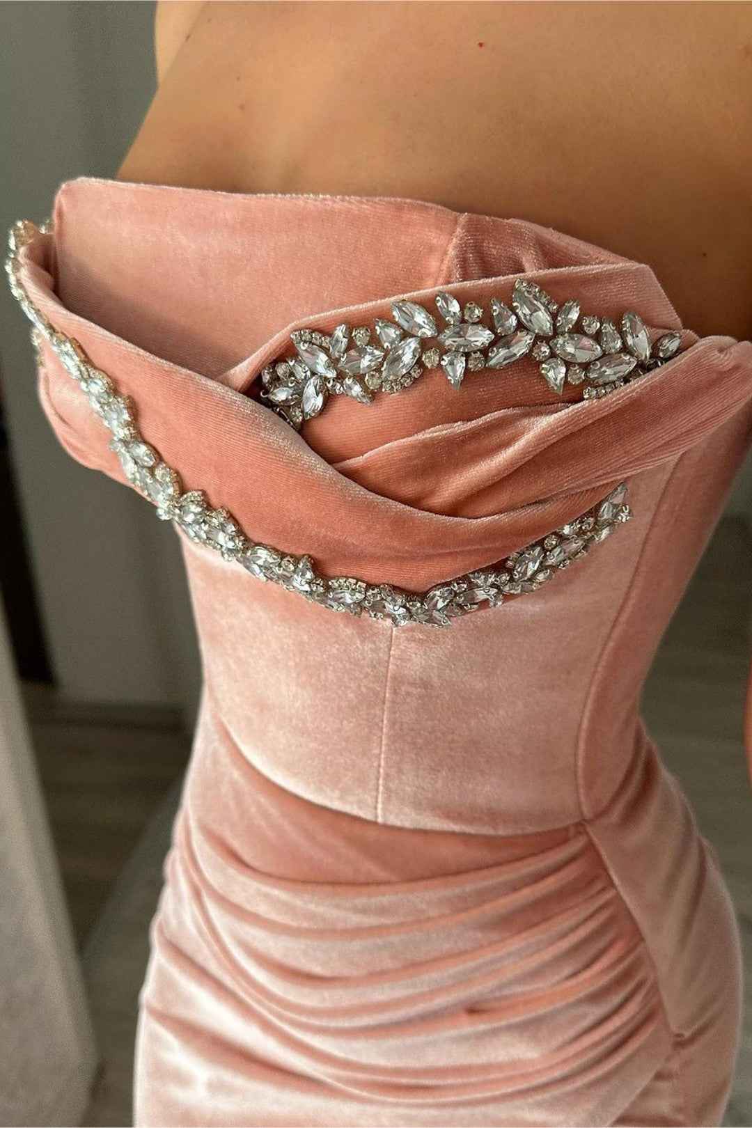 Velvet Prom Dress Pink Beading With Split Sleeveless Strapless