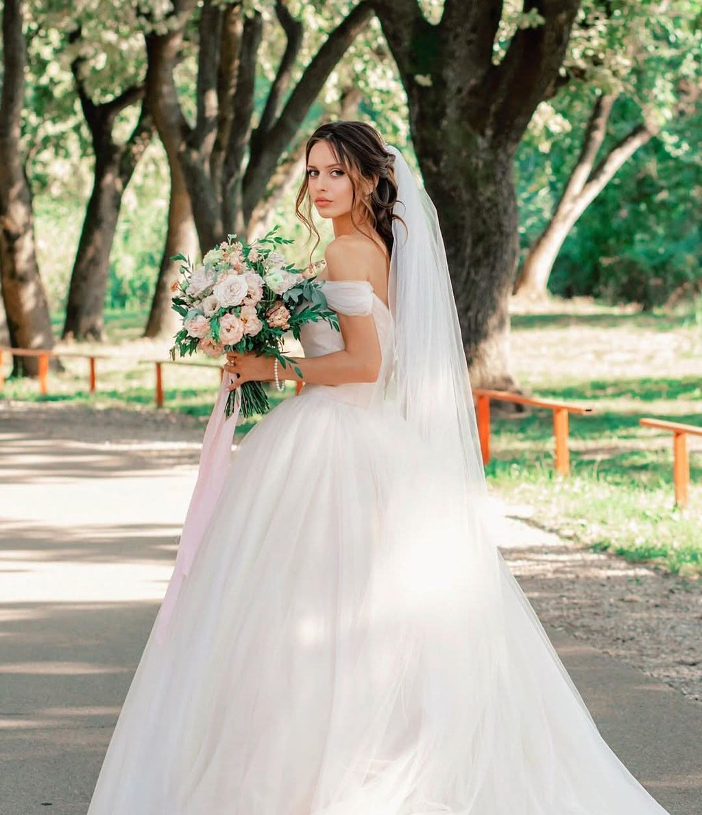 Tulle Off-the-Shoulder A-Line Long Wedding Dress with Chapel Train BM bride