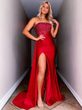 Elegant Red Strapless Satin Long Prom Dress with Slit BM bride