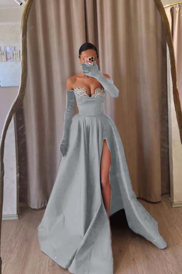Strapless Sleeveless Long Split Prom Dress With Beading Long Gloves BMBRIDE