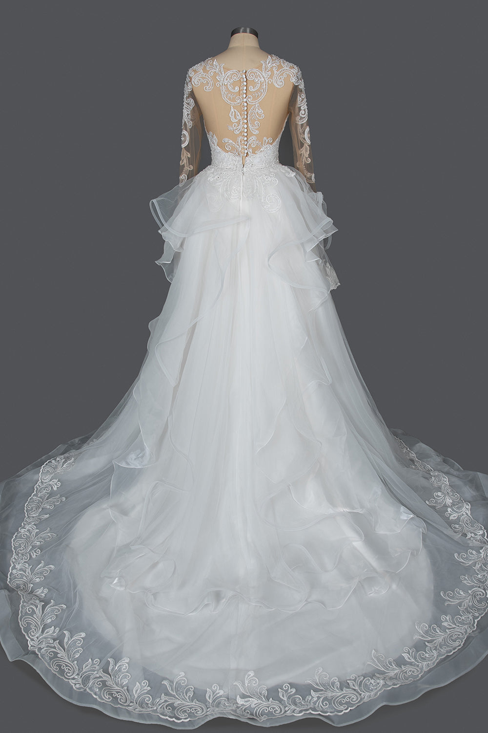 A-Line V-neck Hi-Lo Wedding Dress Open Back Ruffles Tulle With Appliques Lace BM bride