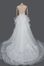 A-Line V-neck Hi-Lo Wedding Dress Open Back Ruffles Tulle With Appliques Lace BM bride