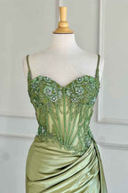 Trendy Mermaid Spaghetti Straps Silver Corset Prom Dress with Appliques