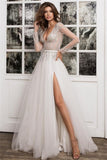 Long Sleeve V-Neck A-Line Tulle Beaded Wedding Dress with Split BM bride