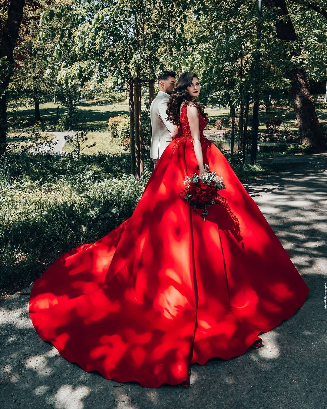 Long Ball Gown Princess Satin V-Neck Wedding Dress with Lace BM bride